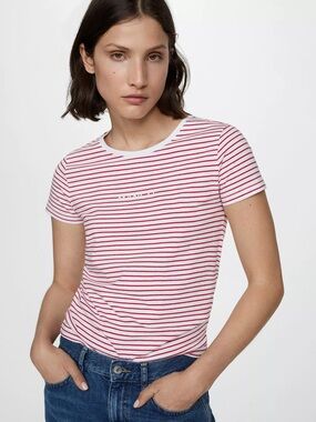 Mango Red & White Striped Crewneck Tee